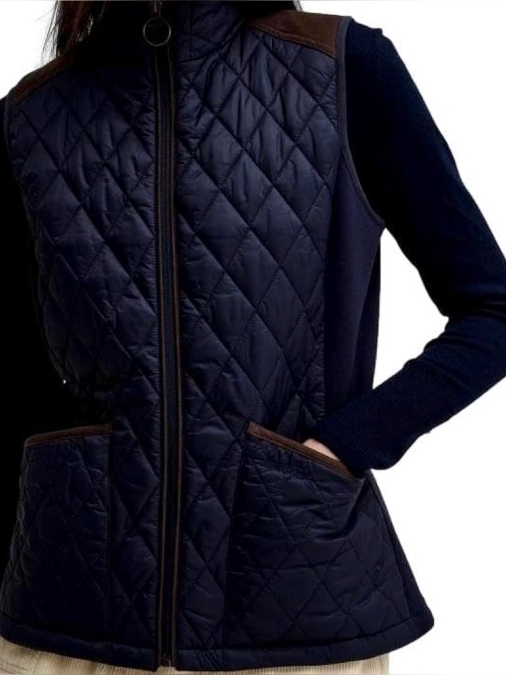 Barbour Navy Quilted Vest with Brown Trim